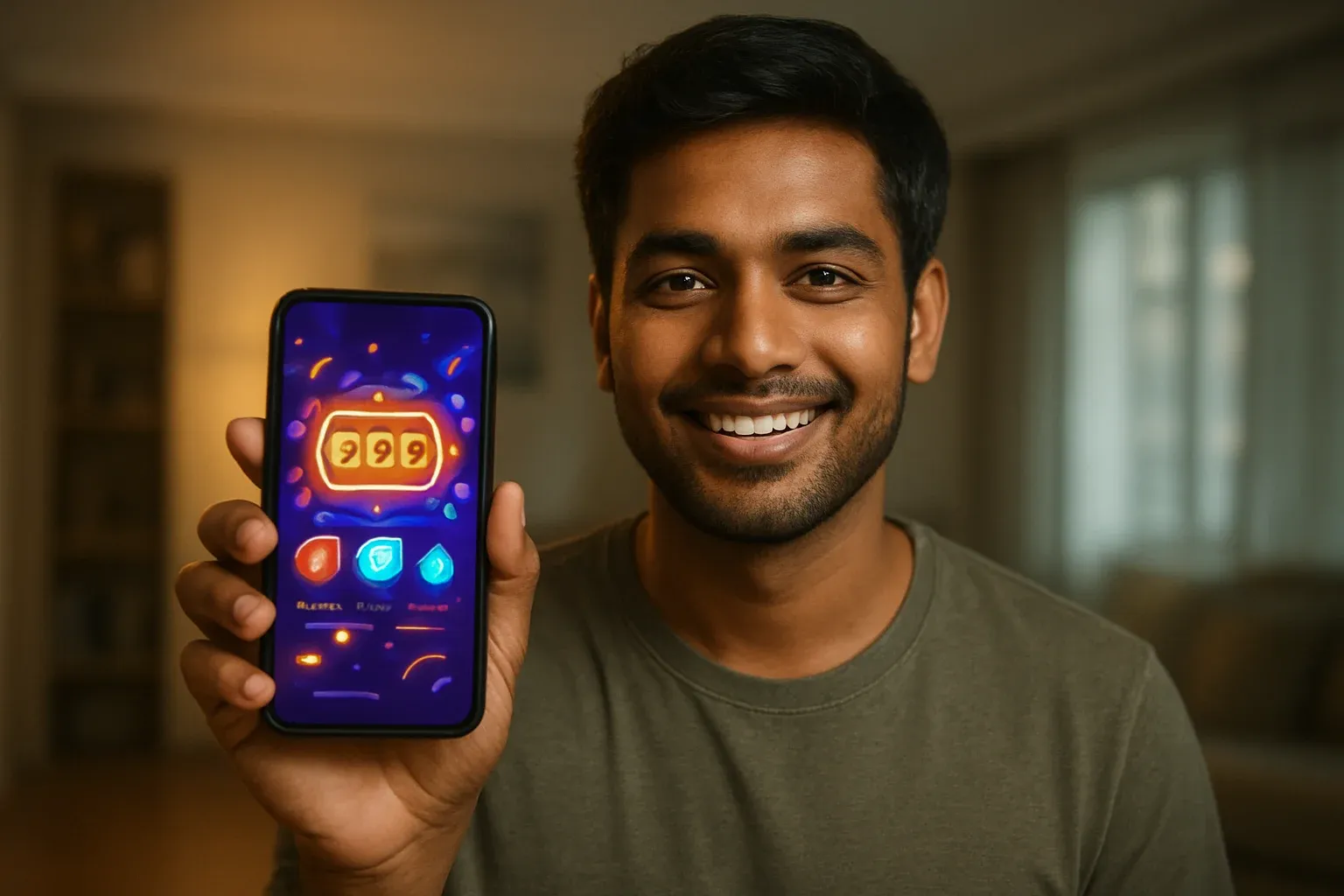 Young Bangladeshi man smiling, holding smartphone showing glowing casino app UI