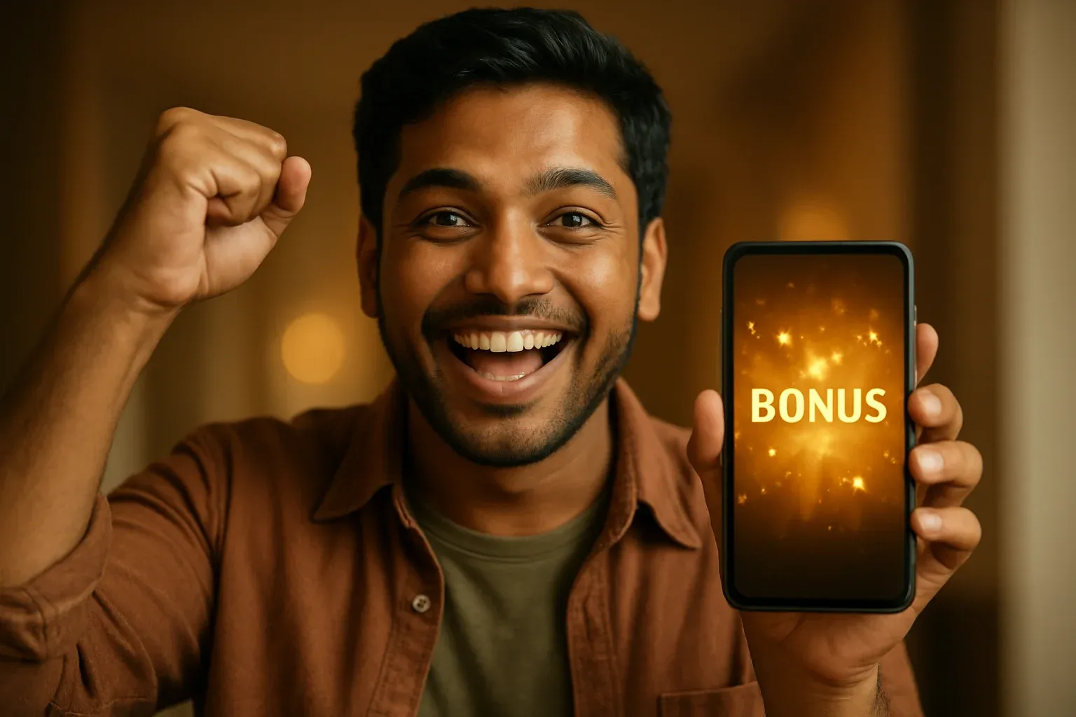 Joyful Bangladeshi man celebrating, holding smartphone with glowing golden bonus notification