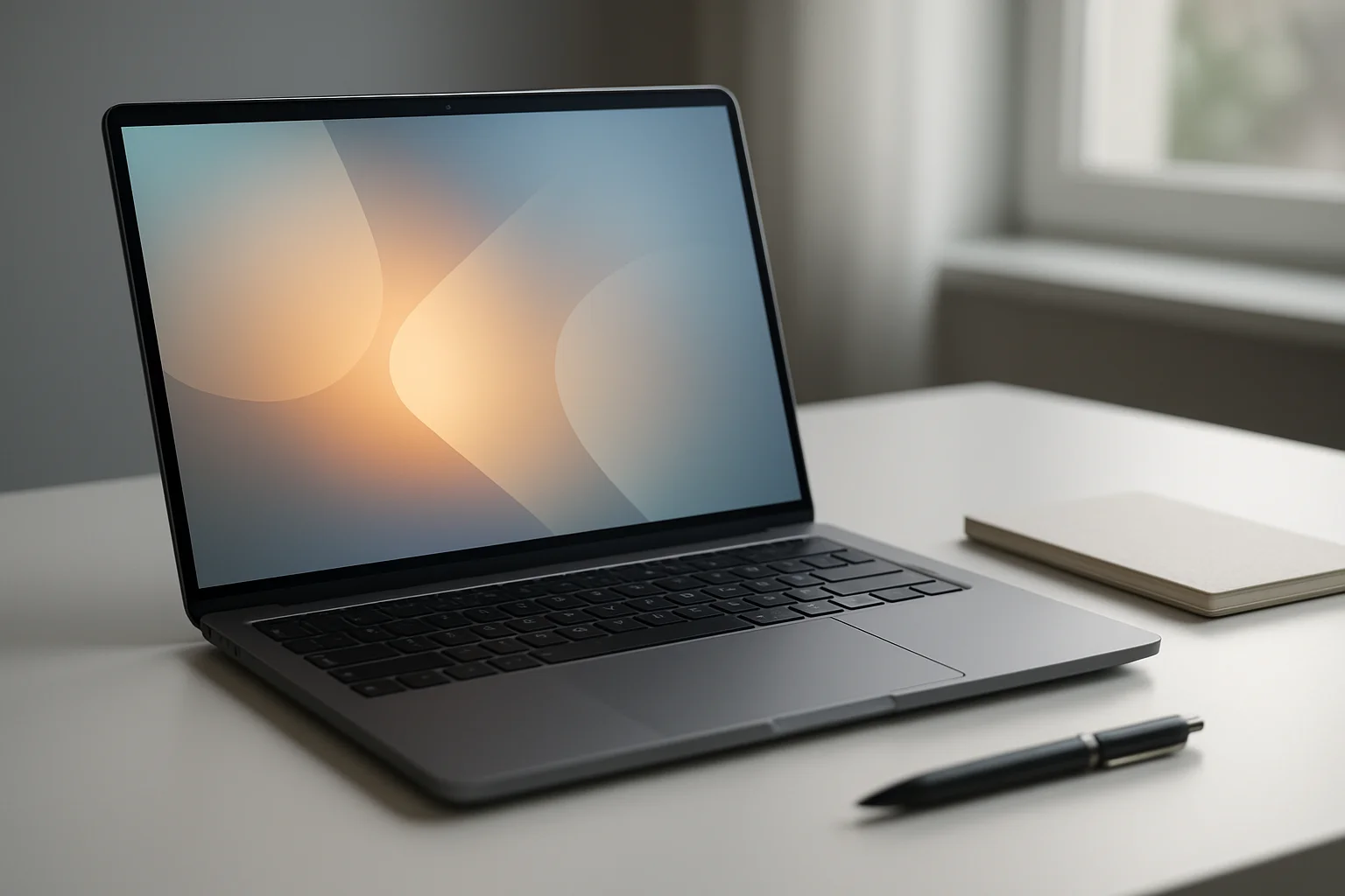 Modern laptop on white desk with abstract glowing screen in daylight