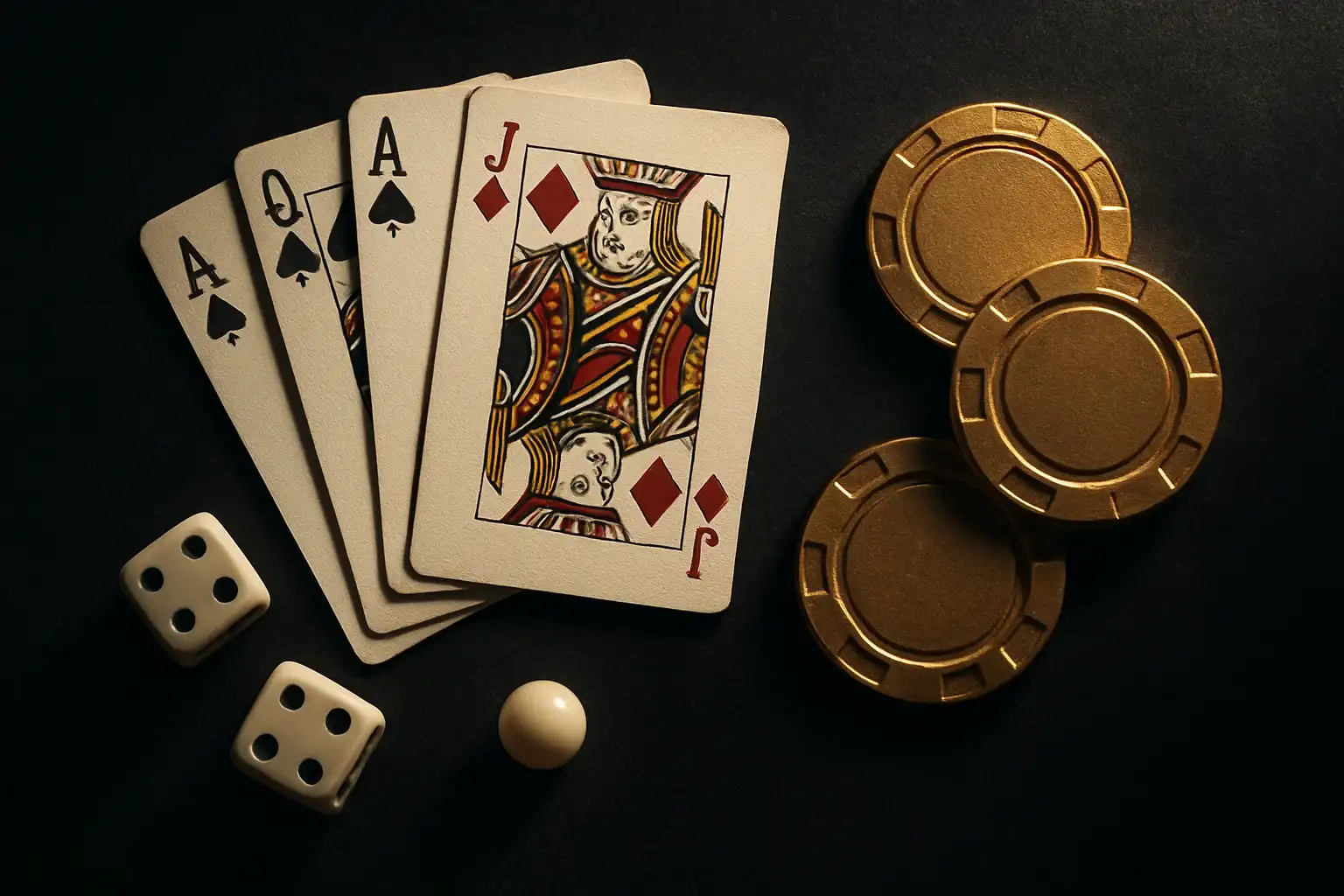 Top-down casino flat lay with velvet, gold chips, cards, dice, roulette ball