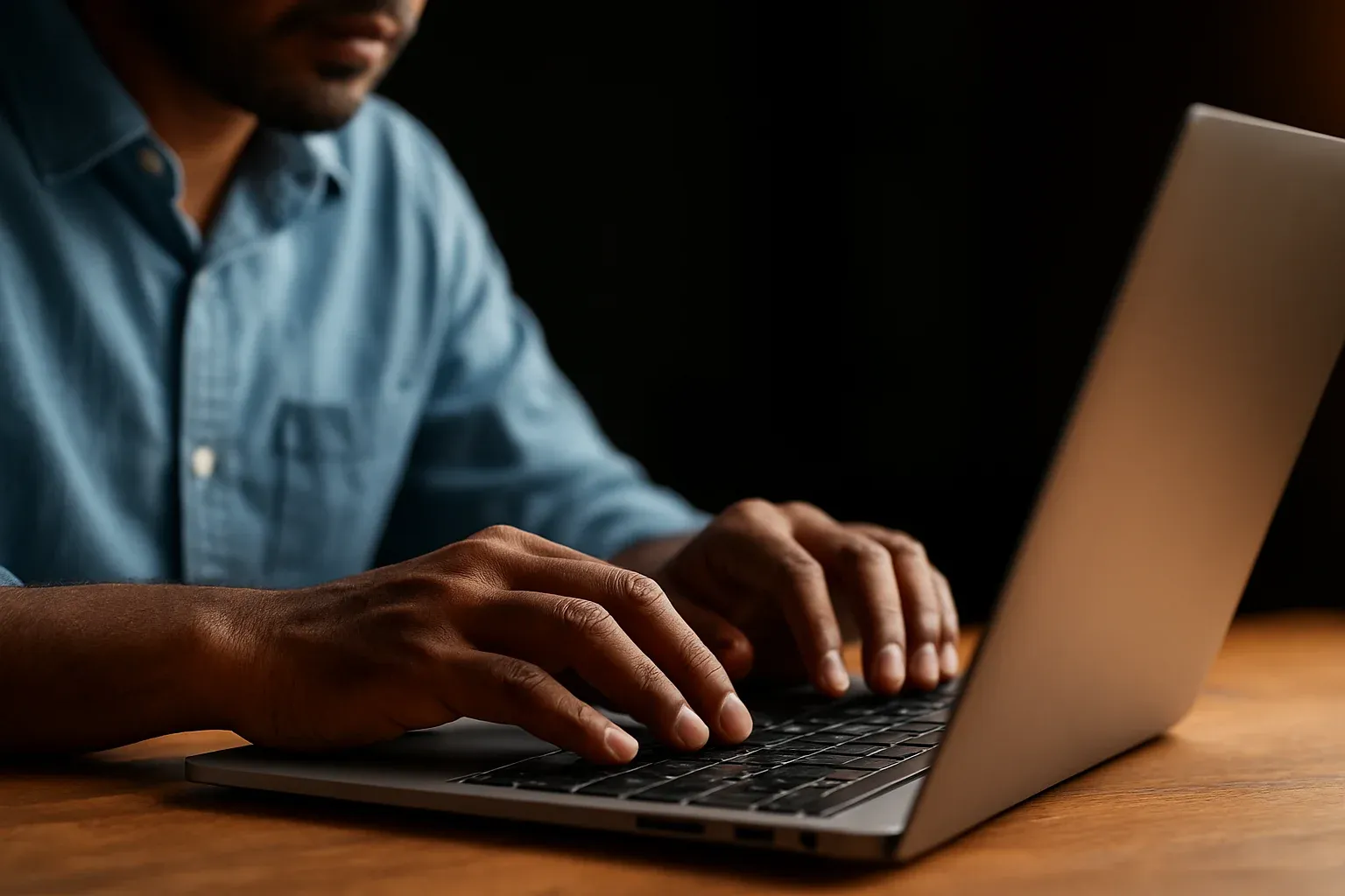 Close-up of Bangladeshi hands typing on laptop keyboard in low light
