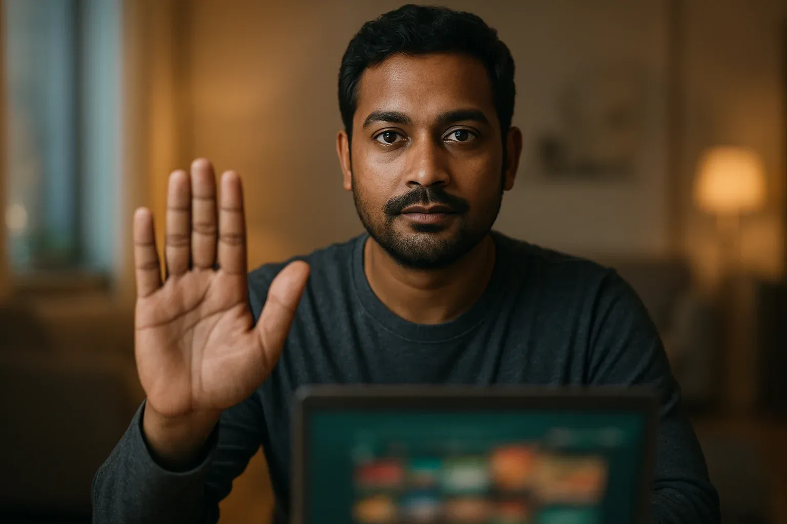 Bangladeshi man raises stop hand beside glowing laptop with blurred casino
