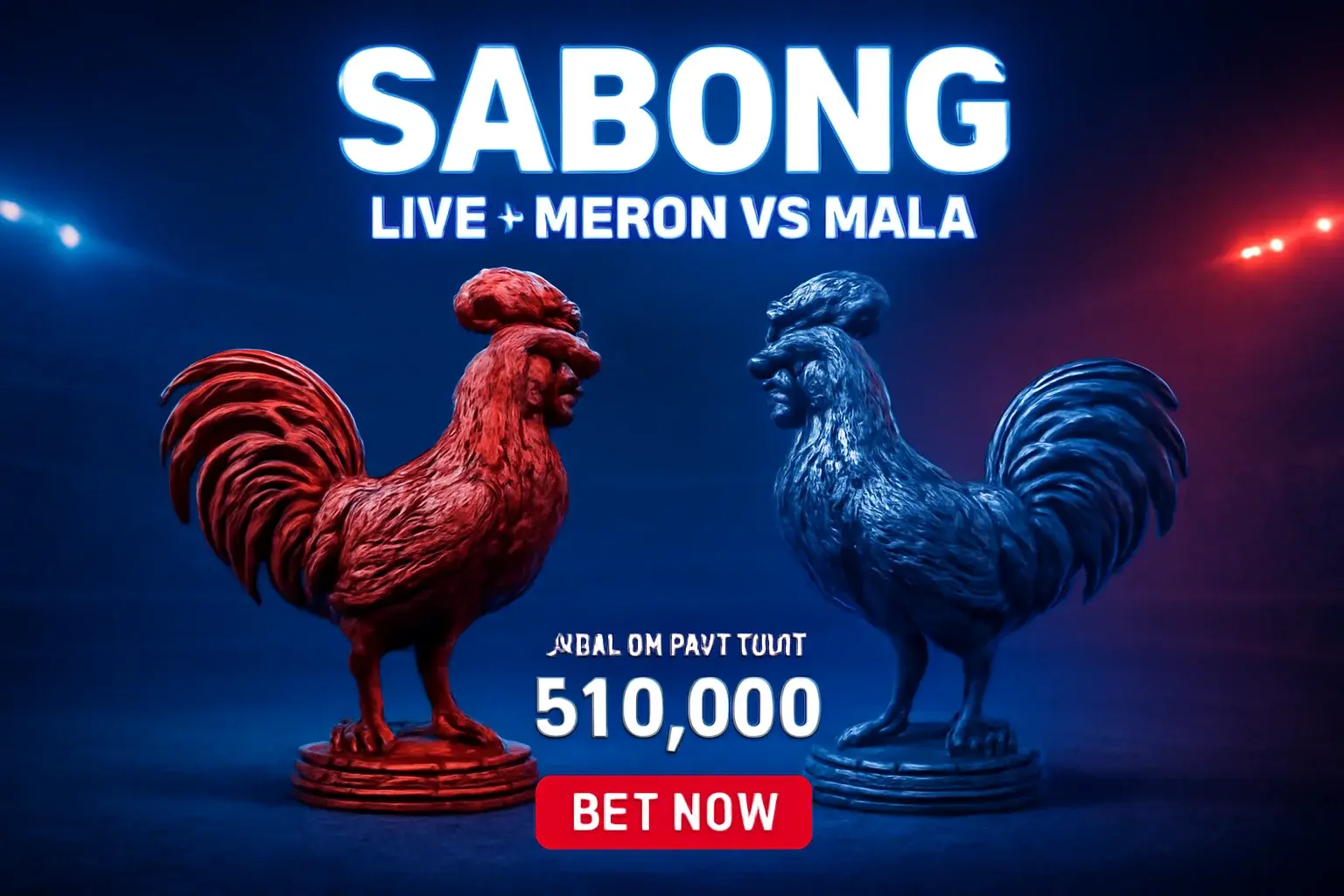 Live sabong advertising banner with decorative rooster figurines and dramatic arena background