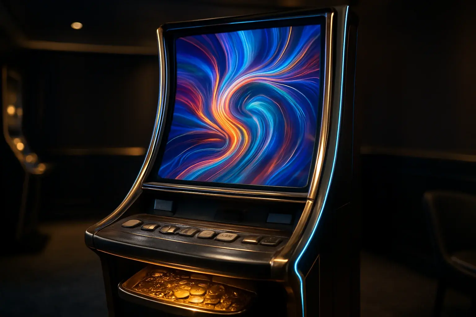 Hyperrealistic premium slot machine in dark luxury setting with neon lighting